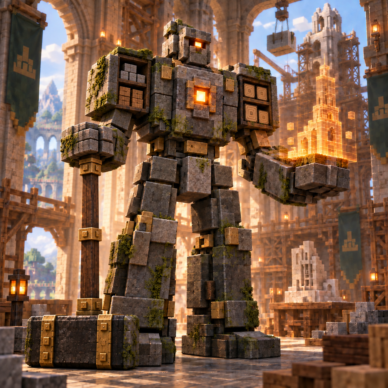 Stonewright casually resting a hand on a square-handled hammer planted on the floor, with supply cupboards on both shoulders and a glowing building schematic.